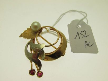 null 1 two-tone gold setting brooch chased and set with stones and cultured pearl,...