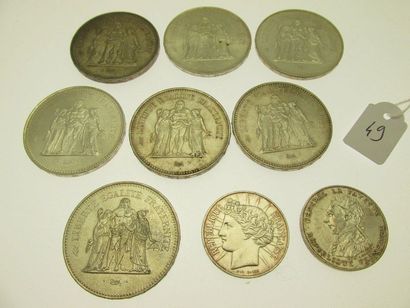  7 pièces de 50Frs argent RF 1974-1975-1976-1977-1978 2 pièces de 100Frs argent RF...