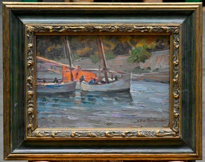 null BRET-CHARBONNIER Claudia (1863-1951). Le retour des bateaux de pêche. Huile...