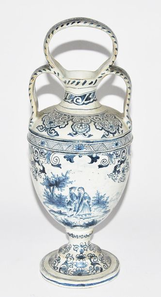 null Delft, earthenware buire in the form of a baluster with triple handles, blue...
