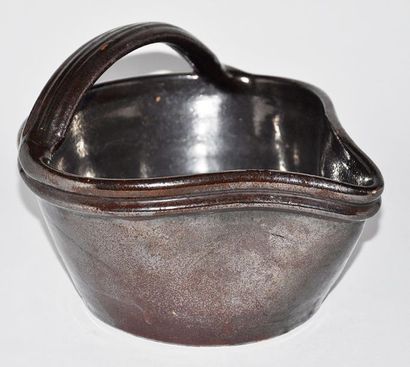 null Round cream pot with a strongly pinched spout in dark brown enamelled terracotta,...