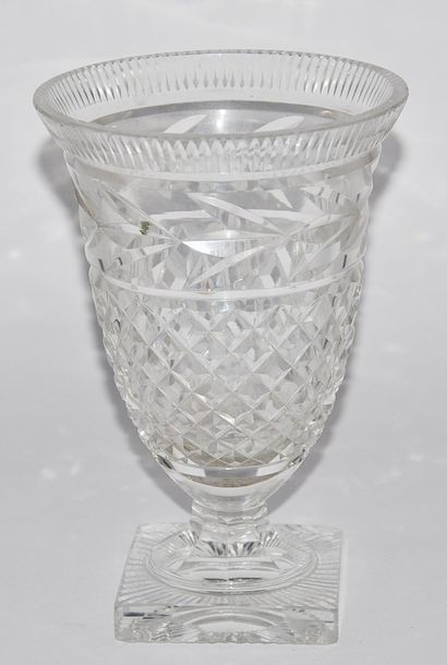 null Three clear glass vases, 1) glass vase of flared shape with pinched and flared...