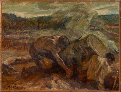 null AGARD Charles Jean (1866-1950). Ouvriers agricoles retirant une souche. Huile...