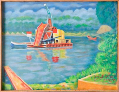 null BELLON Louis (1909-1998). Drague sur la Saône. Huile sur toile, signée en bas...