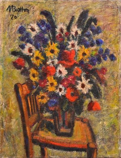null BOTTON Marcelle (1900-1978). Bouquet de fleurs de printemps sur une chaise....