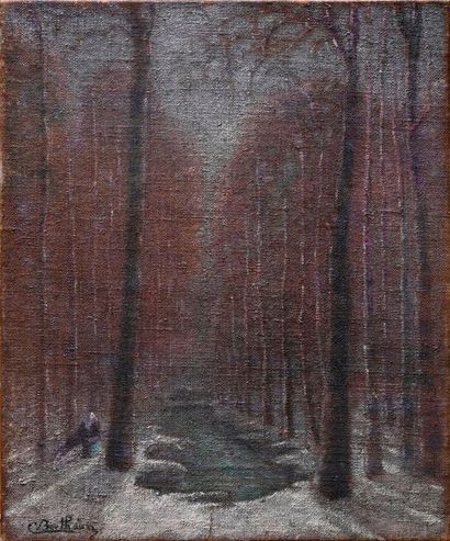 null BOUTHÉON Charles (1877-1949). Étang en hiver. Huile sur toile, signée en bas...