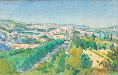 null ARMBRUSTER Jean-François (1835-1912). Petite ville médiévale en Provence. Aquarelle,...