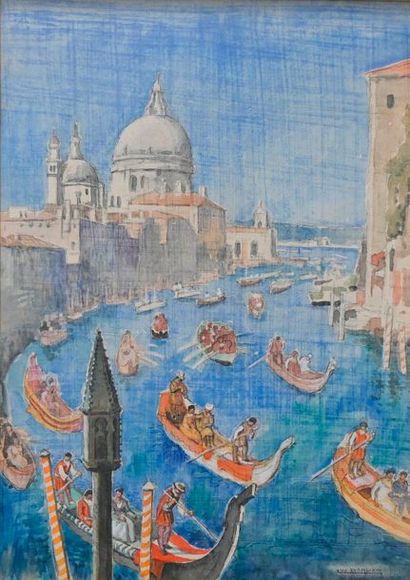 null BARBIER Luc (1903-1989). Les gondoles à Venise. Aquarelle et lavis d’encre,...