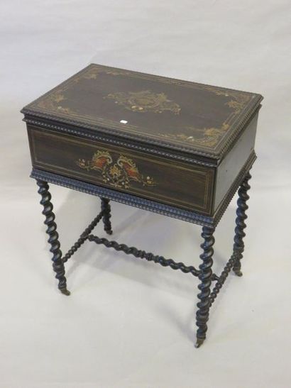Bureau Small desk with blackened wooden flap and inlaid with boulle marquetry, twisted...