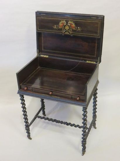 Bureau Small desk with blackened wooden flap and inlaid with boulle marquetry, twisted...