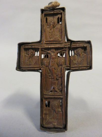 null Carved boxwood cross, decorated with religious scenes and metal frame. Ancient...