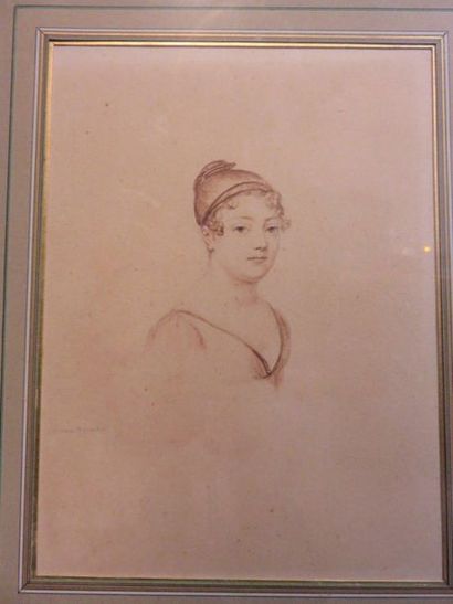 Horace Vernet "Portrait de jeune femme en buste", dessin à l'encre brune, smg, 19x14...