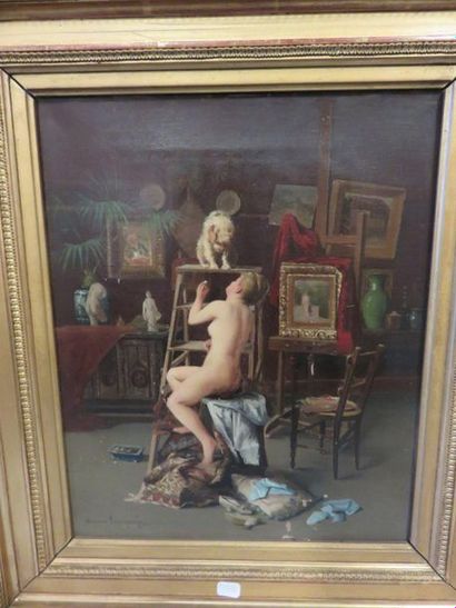 Georges LEFEBVRE "Femme nue et chien dans un atelier", hst, sbg, 34x28 cm