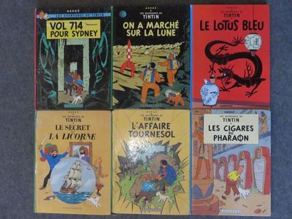 BANDES DESSINÉES Six albums de Tintin "On a marché sur la lune", "Le lotus bleu",...