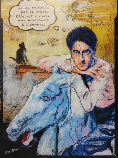 JEAN VIRTUEL "Jean Cocteau", peinture, technique mixte. 81x58 cm