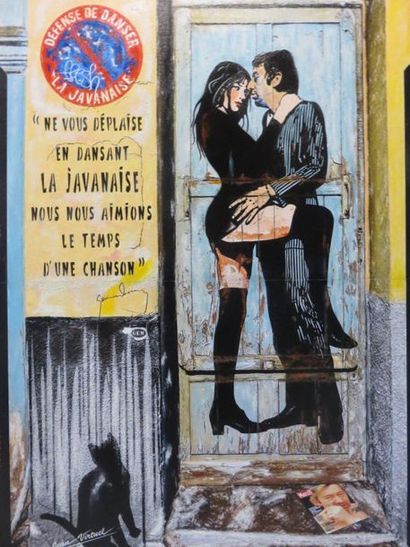 JEAN VIRTUEL "Serge Gainsbourg, la Javanaise", peinture, technique mixte. 81x58 cm...