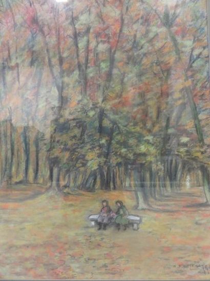A.F. de LAMARRE "Conversation en forêt", pastel. 56x42 cm