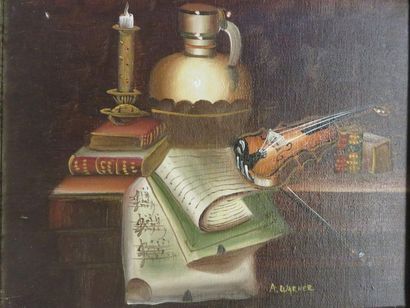 A. WARNER "Nature morte au violon", huile sur toile. 20x25 cm