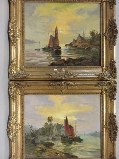 GRANVAL "Barques sur le rivage", paire d'huiles sur toile, sbg. 46x55 cm
