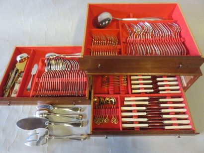 * Silver plated metal housewife's box (54 pieces), various knives and cutlery.