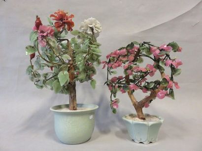 * Deux arbustes chinois en pierre dure polychrome. 55 cm et 40 cm