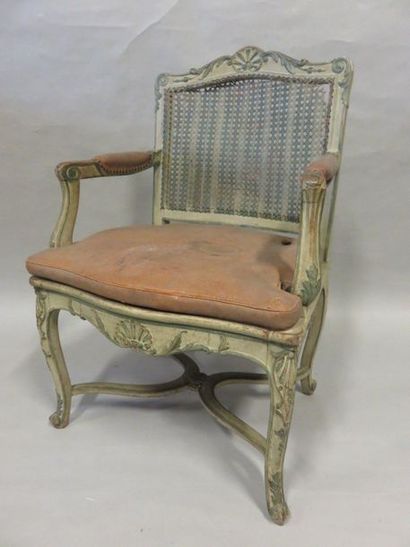 FAUTEUIL Caned armchair in cream and green lacquered wood, with spacer, regency style...