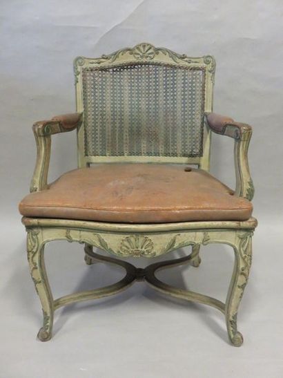 FAUTEUIL Caned armchair in cream and green lacquered wood, with spacer, regency style...