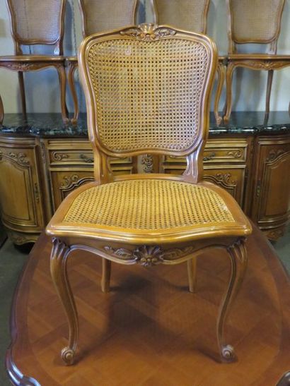 * Dining room furniture in carved fruitwood: four doors and two drawers, green marble...