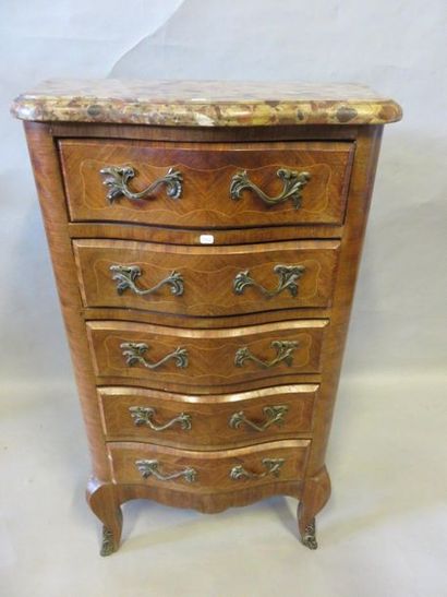 Chiffonier Louis XV style five drawer veneer chest of drawers. Beige marble top....