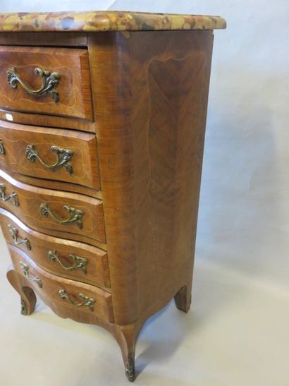 Chiffonier Louis XV style five drawer veneer chest of drawers. Beige marble top....