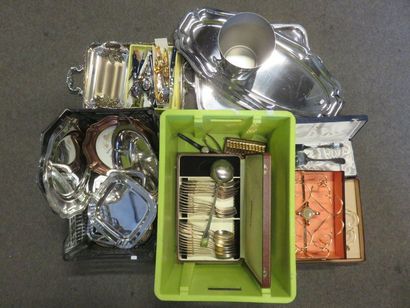 * Two silver plated metal handles, dishes, bucket, cutlery, housewife.