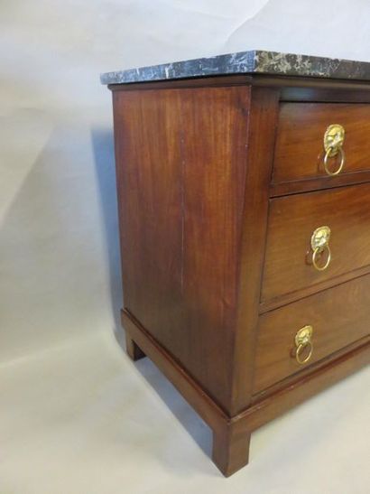 COMMODE Mahogany veneer three drawers chest of drawers XIX° (slits). Grey marble...