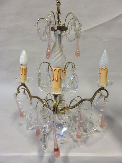 * Lustre Metal chandelier, pendants and pink drops. 70 cm