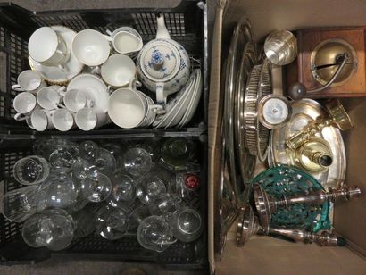 null Three silver plated metal handles, candlesticks, dishes, glasses and parts of...