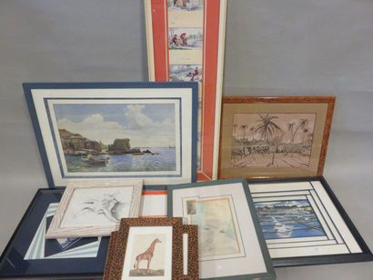 null Lot of thirteen various framed pieces, including "Seaside", watercolor, "Venice",...
