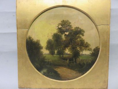 W.B.BRITTON Ecole XIX°: "Paysage", huile sur toile, sbd (manques). 46x46 cm