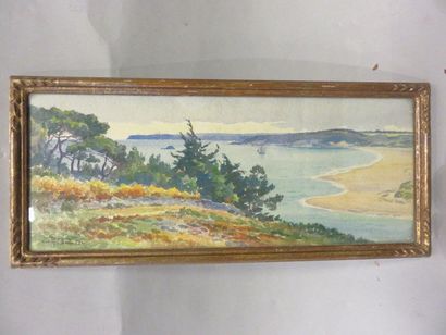 Léon HAMONET "Plage d'Erquy-Sables d'Or", aquarelle, sbg. 14x31 cm