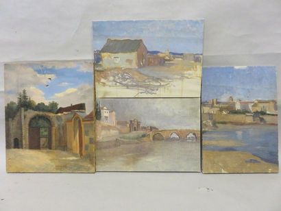 null Four oil paintings: "Ruins", 46x38 cm (acc.) and "Riverbanks", 31x44 cm and...