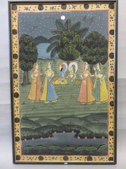 null Oriental school: "Elegantes in a garden", painting on fabric. 89x57 cm