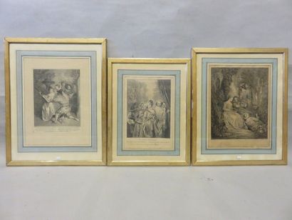 null Three engravings after Watteau: "Musiciennes", 40x30 cm and "La troupe italienne",...