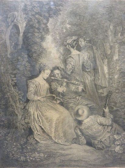 null Trois gravures d'après Watteau: "Musiciennes", 40x30 cm et "La troupe italienne",...
