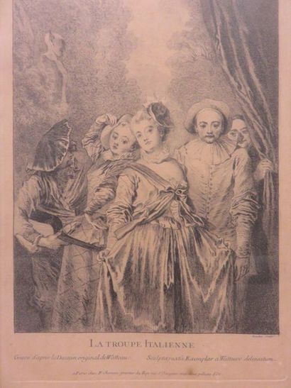 null Trois gravures d'après Watteau: "Musiciennes", 40x30 cm et "La troupe italienne",...