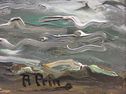 * René PRIN (1905-1985) "Mer agitée aux falaises", huile sur toile, sbd. 50x62 c...