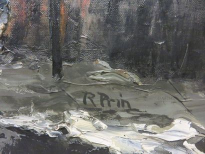 * René PRIN (1905-1985) "Neige en Bretagne", huile sur toile, sbd (manques). 73x92...