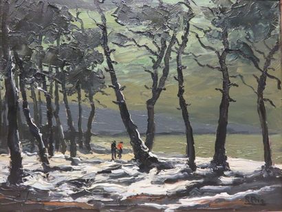 * René PRIN (1905-1985) "Neige à Arcachon", huile sur panneau, sbd. 27x34,5 cm