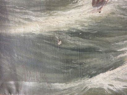 A. JALEM "Bateaux dans la tempête", huile sur toile, sbg (accidents). 46x56 cm