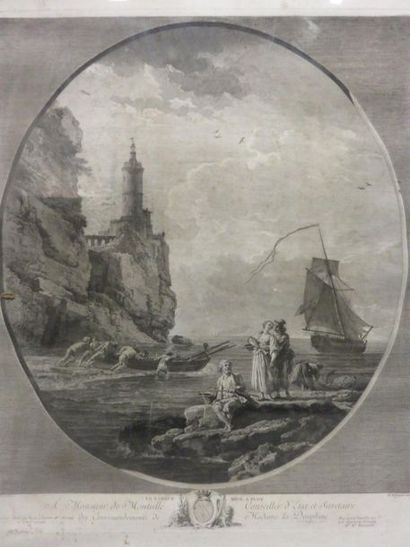 null D'après J. Vernet : "La barque mise à flot", estampe. 69x56 cm