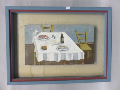 null Ecole XXe : "Table et deux chaises", huile sur toile. 19x33 cm