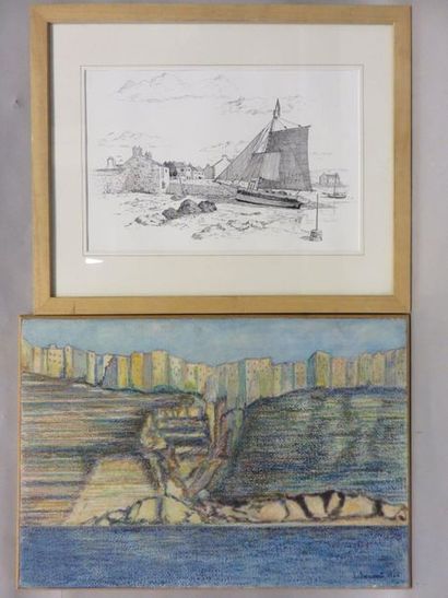 null E. Laurent : "Bonifacio", pastel, sbd, daté 1962 (39x56 cm) et M. Hary : "Voilier...