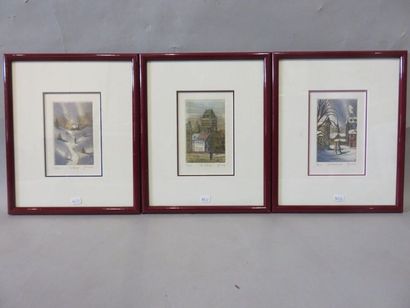 null "Le refuge", "Le château" et "Rue Donnacova", trois estampes. 15x10,5 cm